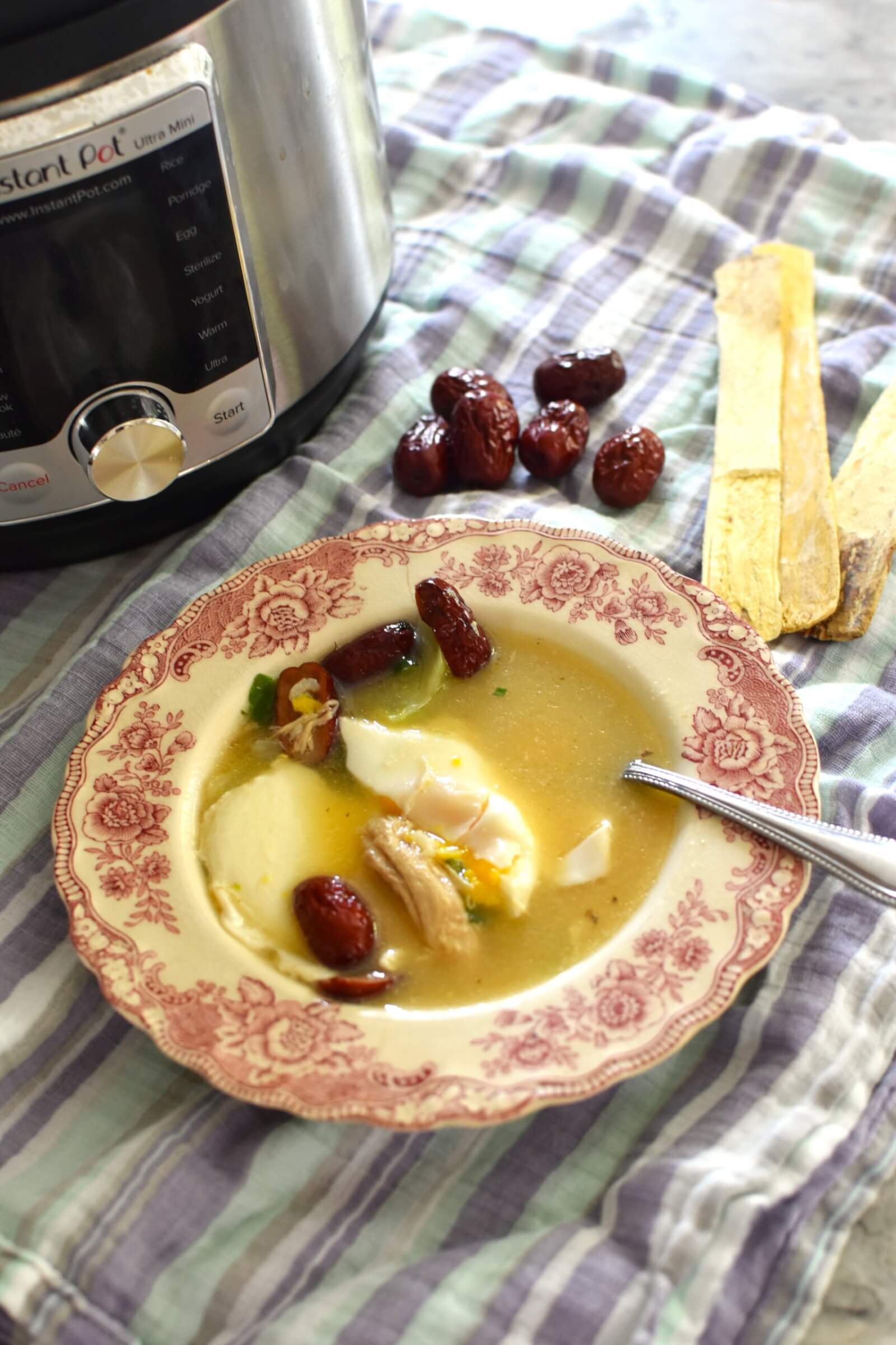 instant pot postpartum chicken soup with instant pot on the side
